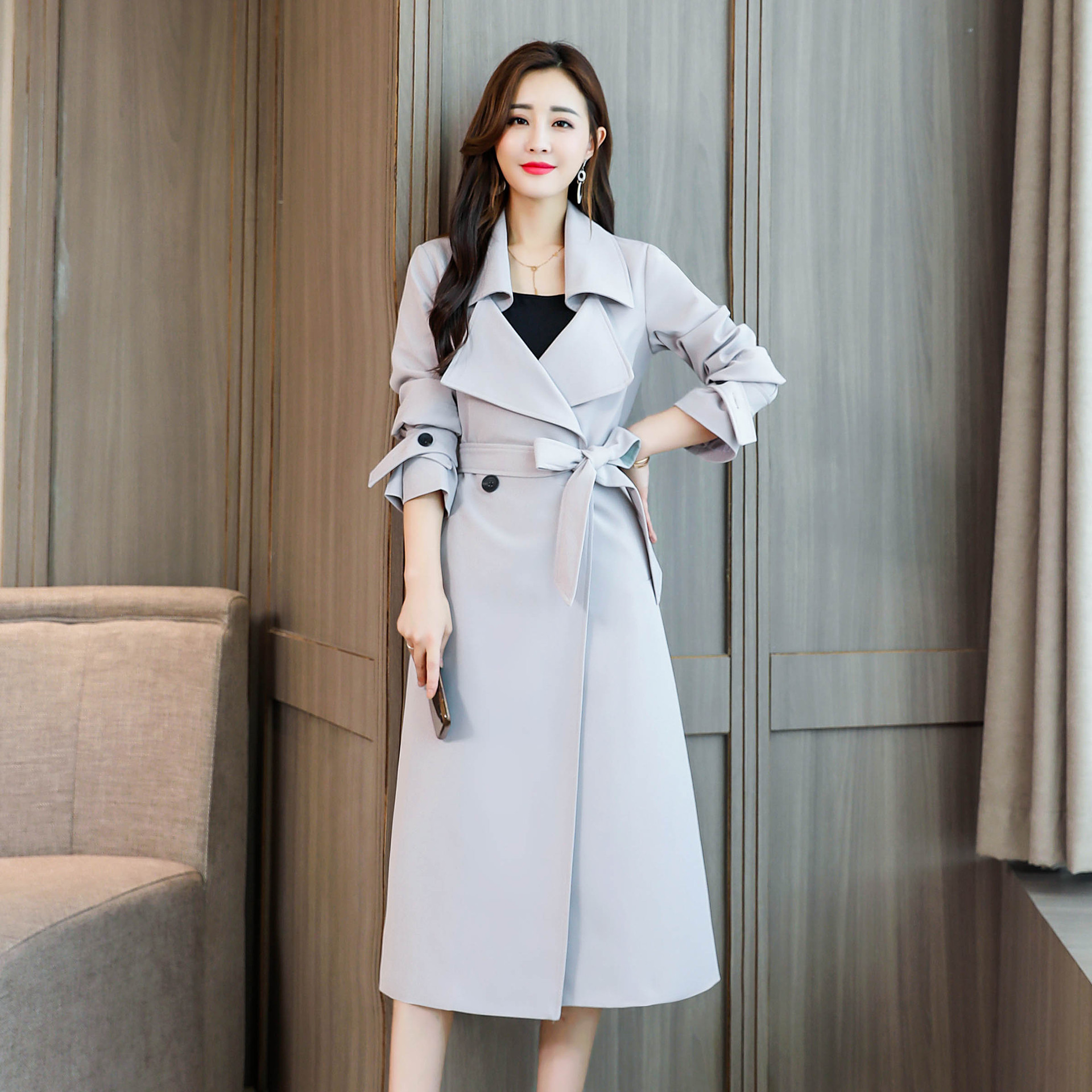 女装秋季2021新款潮时尚长款外套女春秋韩版纯色系带过膝风衣修身