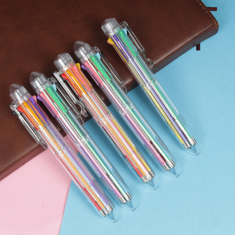透明六色笔 创意按动多色圆珠笔 可定制logo学生文具批发六色笔