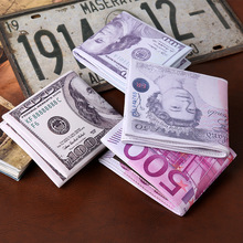 现货创意男士PU钱夹钱币图案欧元美金英镑等世界折叠纸币钱包卡包