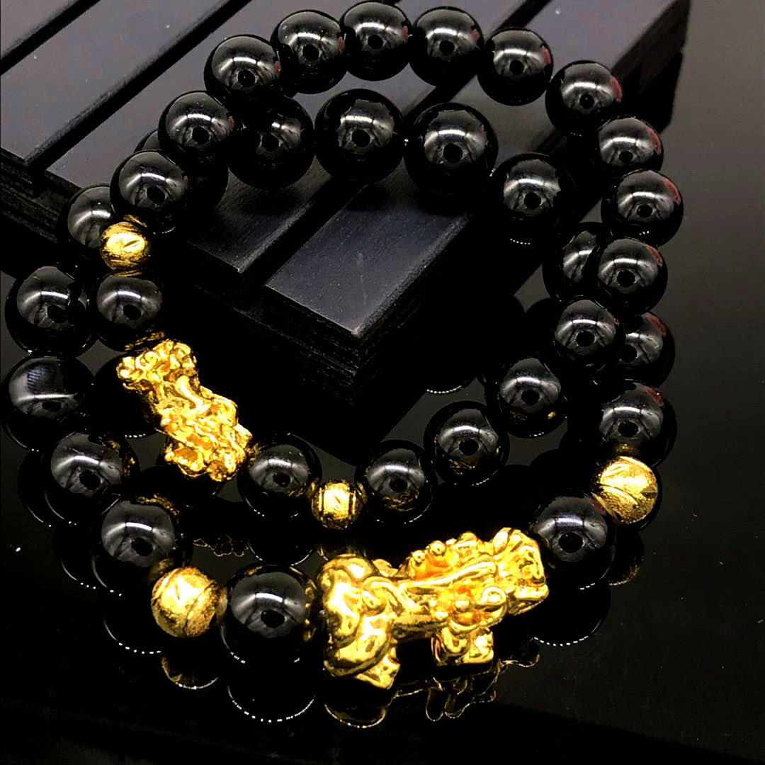 仿黄金貔貅手链隔金珠镀金黑曜石情侣手串男士佛珠手饰招财