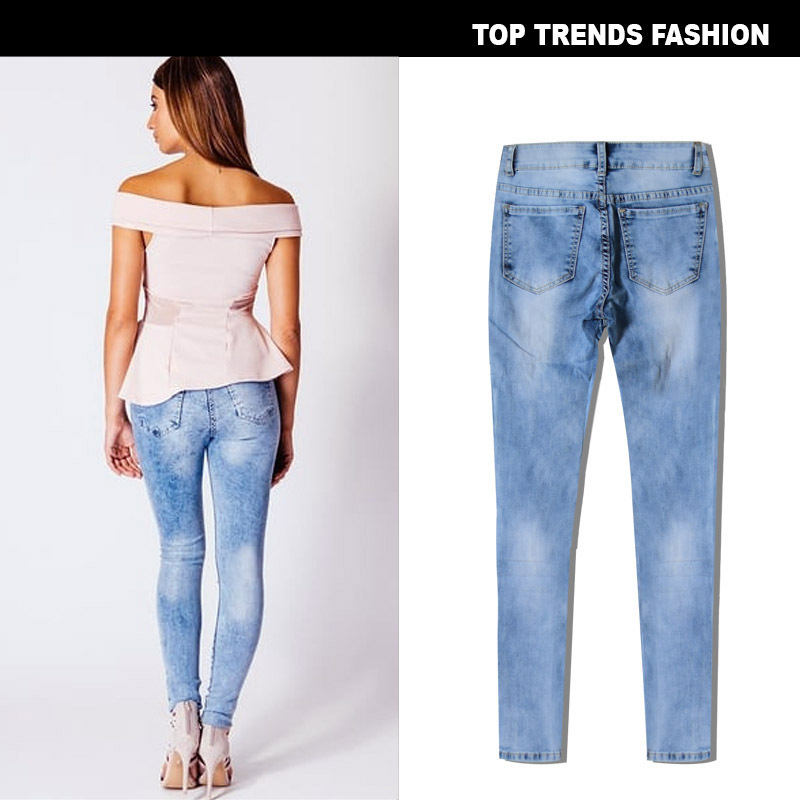 European and American Women's Clothing Mid-Waist Slim Fit Elastic Irregular Washed and Frayed Ripped Denim Trousers EBay Hot Sale Large Sizes Availiable