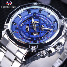 新款forsining 欧美风范男士时尚休闲蓝色镂空防水全自动机械手表