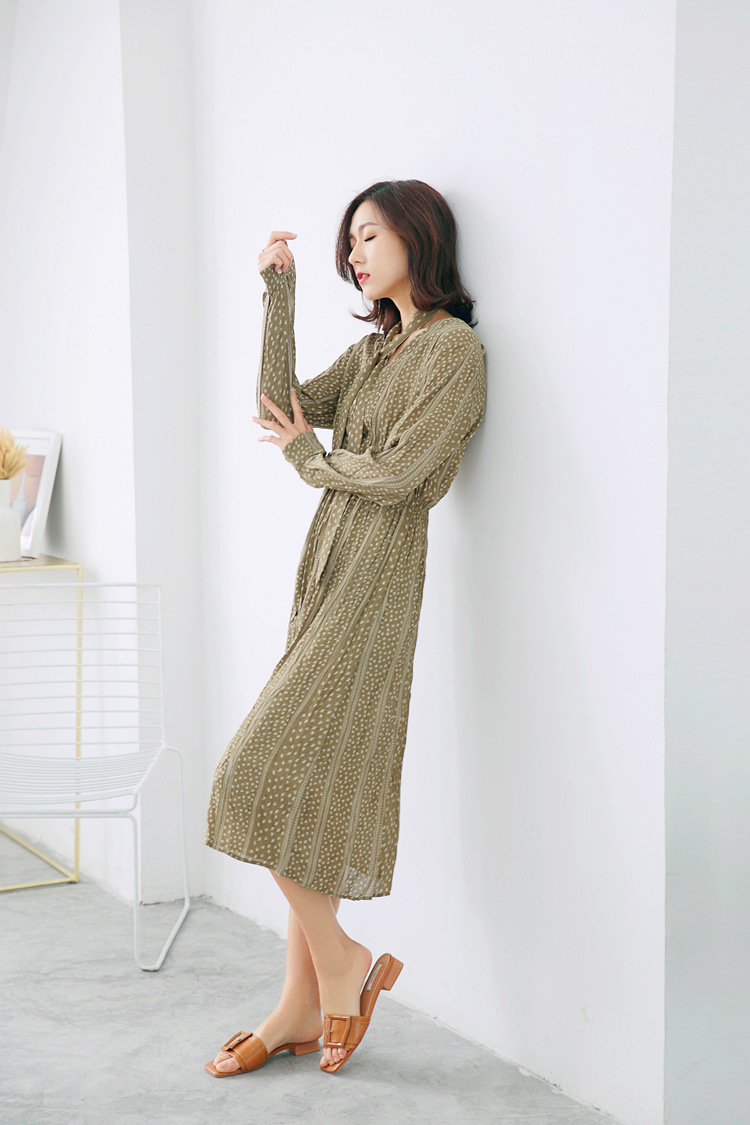 连衣裙女2018春季新款 韩版v字领时尚收采显瘦系腰带长袖雪纺裙ns-br