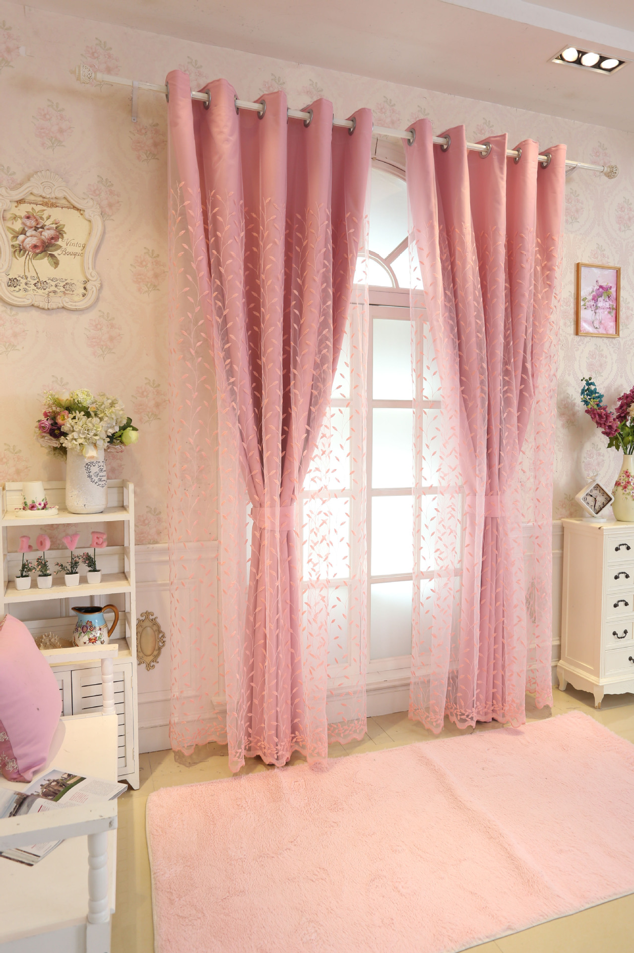 窗纱 欧式田园清新窗帘遮光刺绣花纱帘定制成品粉色公主卧室飘窗