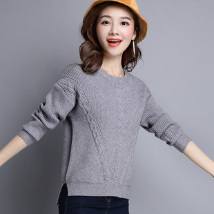 针织衫女装 2018新款韩版圆领修身分叉线衣 百搭时尚打底毛衣女 毛 
