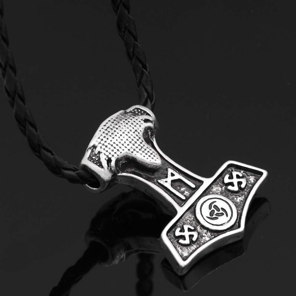 爆款北欧雷神之锤子男士吊坠维京符文奥丁标志鲁纳文羊头锤子项链
