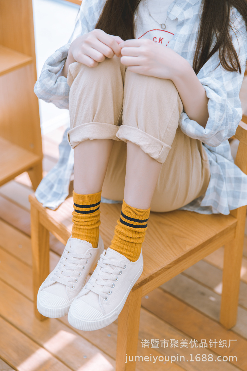 2018秋冬日系棉袜女 复古学院风 全棉竖条纹双针中筒堆堆袜糖果色