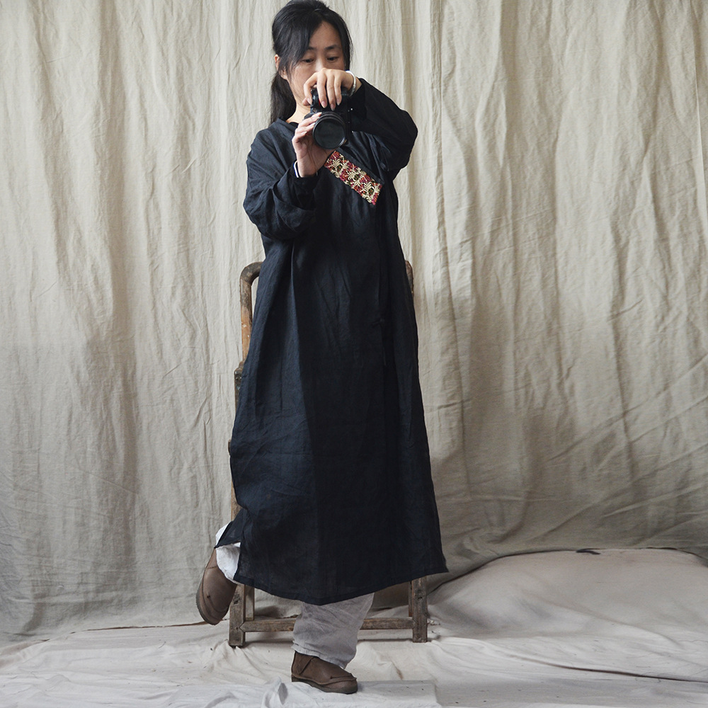 系念/原创棉麻女装春秋季复古开衩披风偏襟盘扣系带外套长袍风衣