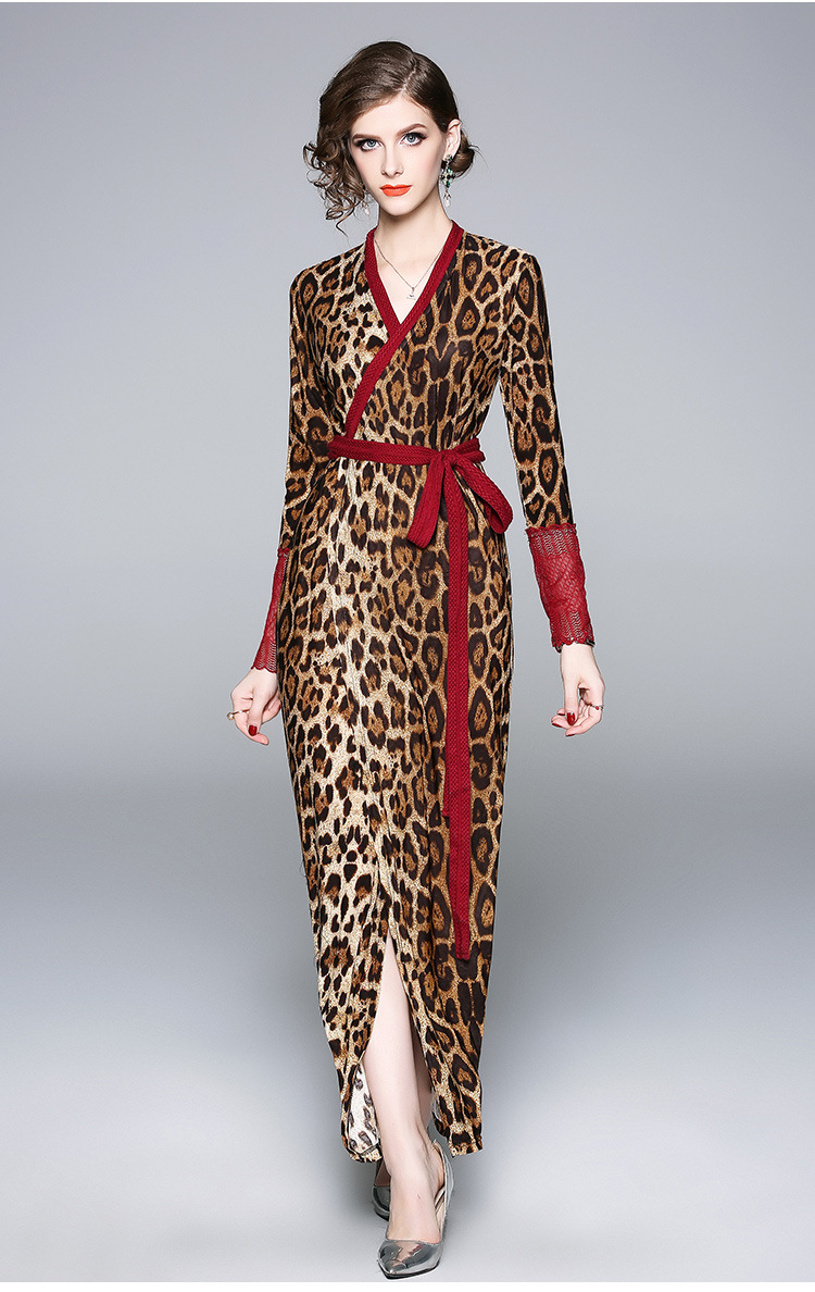 2018早秋新款欧洲站高档女装长裙长袖v领系带豹纹印花开衫连衣裙