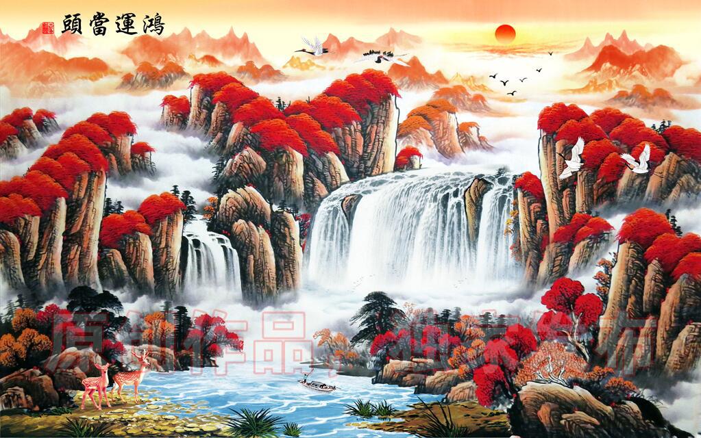 中式墙纸批发 鸿运当头旭日东升招财风水会议室客厅装饰画背景墙