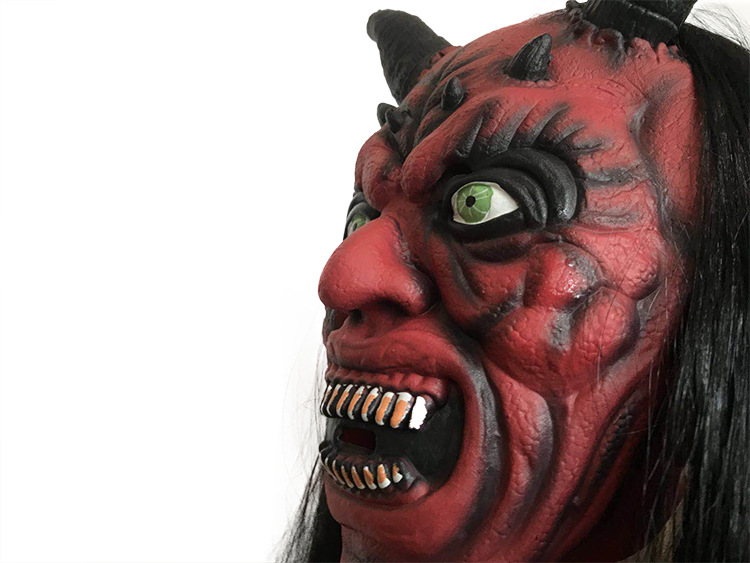 黑发红脸怪物恐怖面具万圣节舞会装扮长发羚角怪假面表演吓人道具