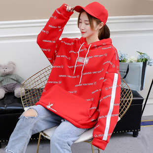 秋冬装新款全身印花加绒加厚连帽学生卫衣套头上衣女
