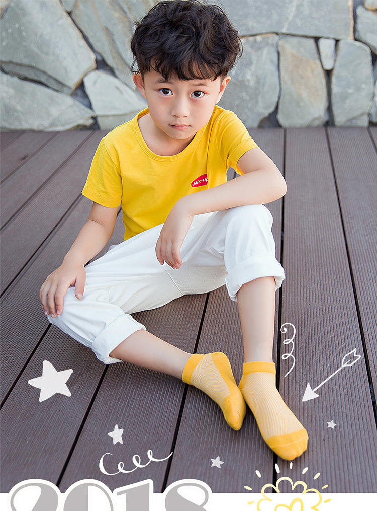 2018年夏季网眼儿童袜子全棉批发纯色立体五角星宝宝短筒透气船袜