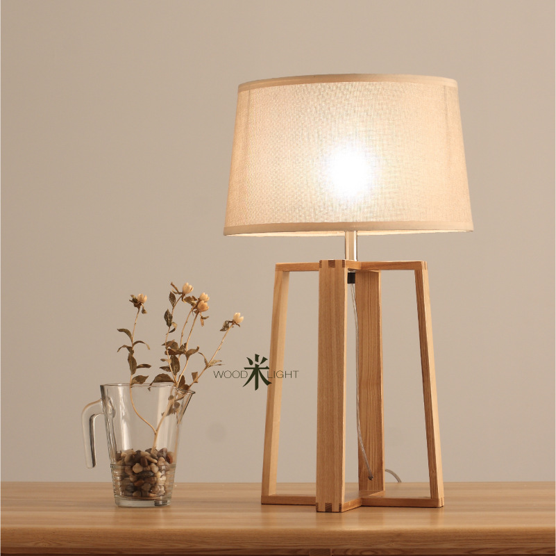 文艺复古台灯日式原木创意木艺简约卧室床头灯布艺木制木质台灯