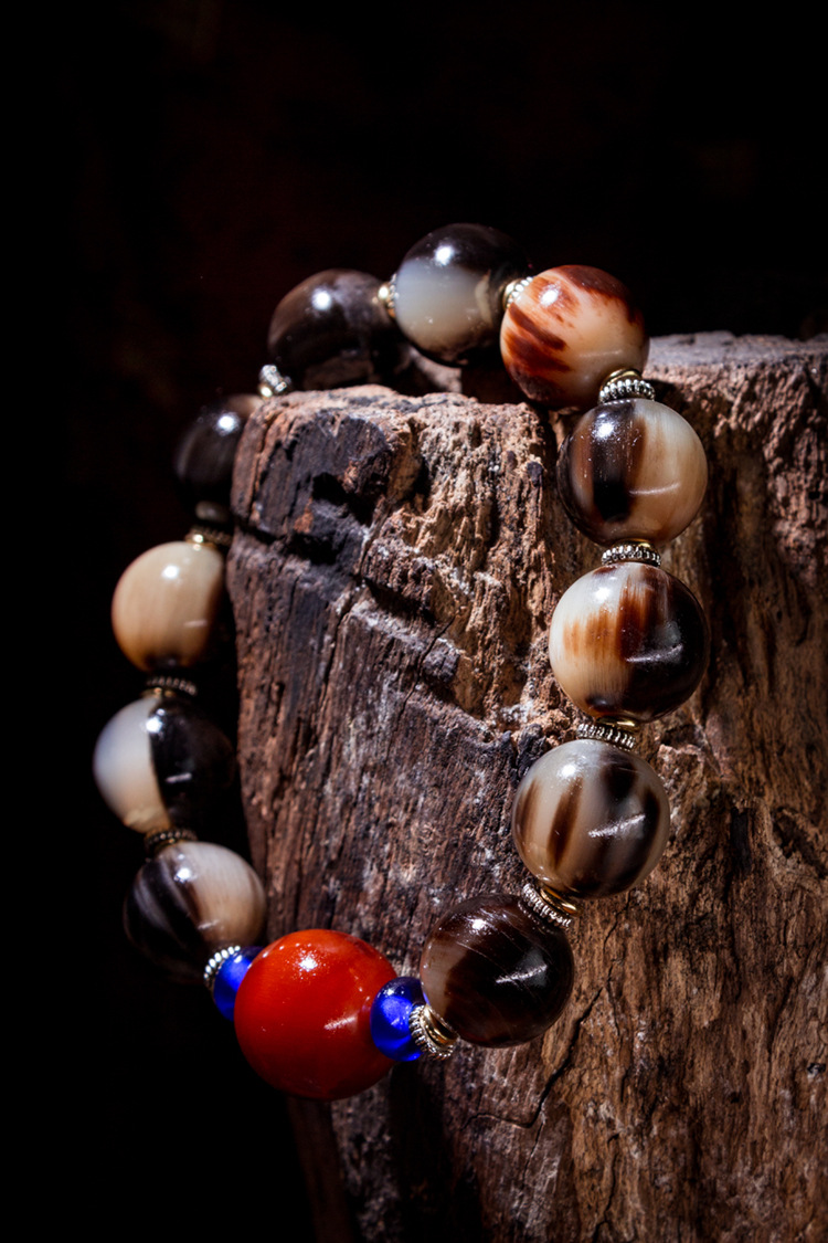 天然西藏牦牛角佛珠手链精品黑白花色纹正宗水牛角手串工艺品文玩