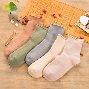日系女士纯棉中筒时尚袜子全棉养生防臭纯色女袜素色双针松口棉袜