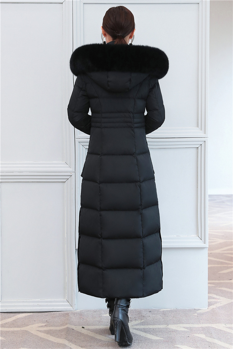 批发正品牌奢华真狐狸大毛领长款羽绒服女长过膝加厚加长修身超长