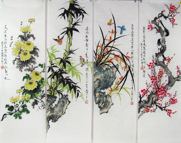 批发花鸟画四条屏梅兰竹菊纯手绘四尺对开四条屏国画装饰画画芯