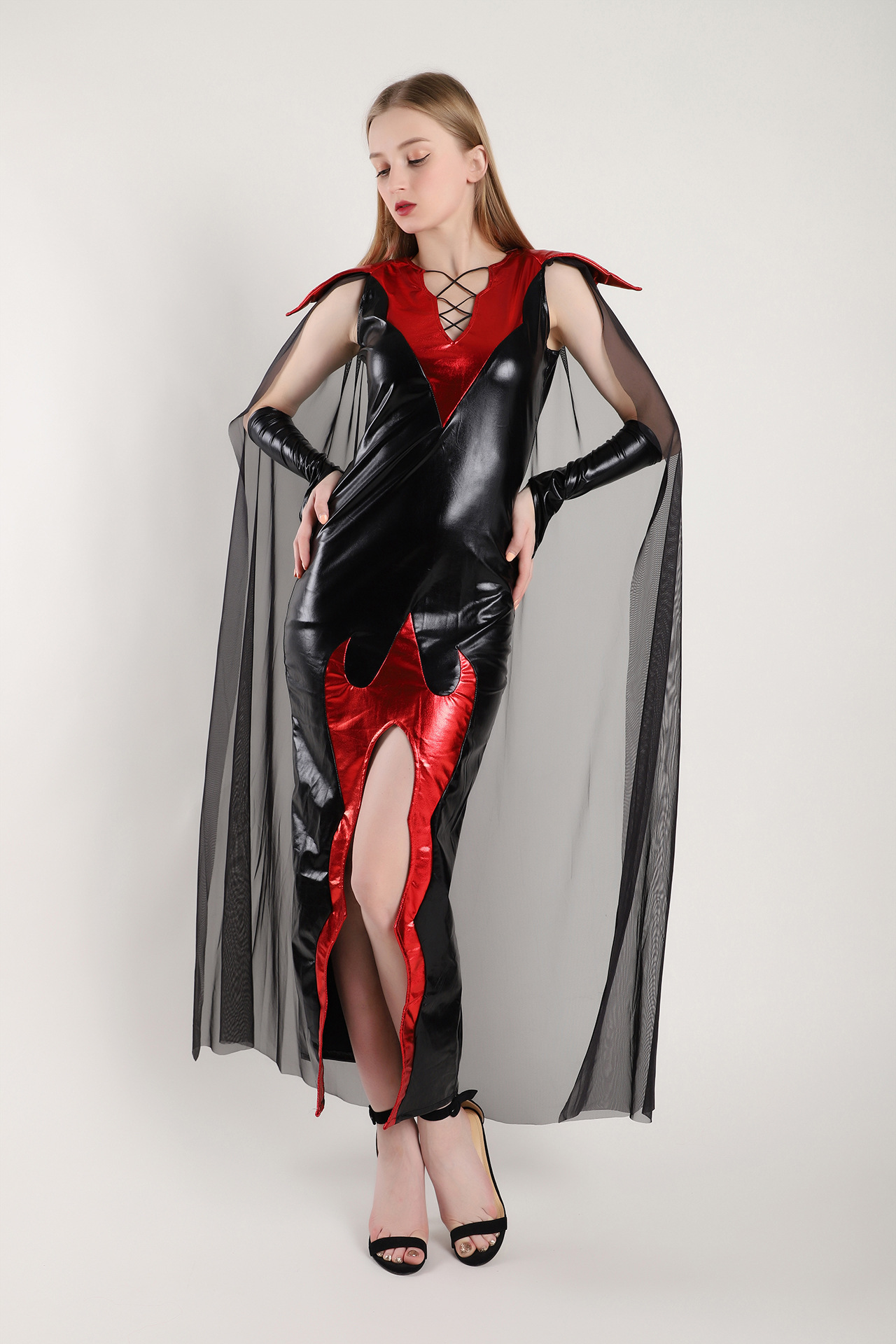 外贸万圣节cos女巫恶魔角色扮演皮长裙吸血鬼舞台派对演出服批发