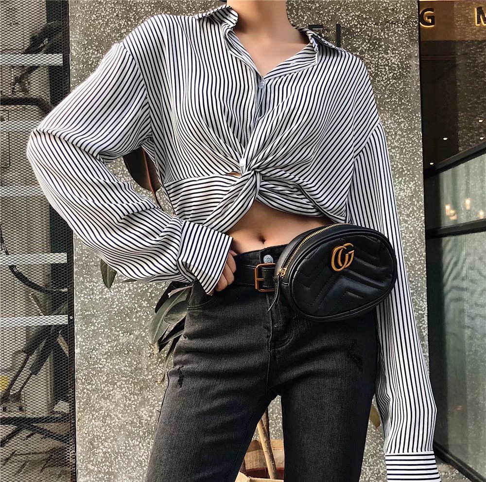 2018春季欧洲站新款时尚百搭短款露脐打结条纹衬衫女式雪纺衬衣
