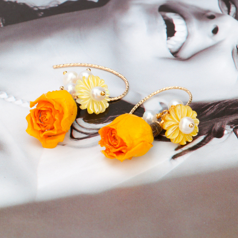 爆款进口14k包金批花耳钩耳饰 贝壳花黄玫瑰珍珠耳环气质女款