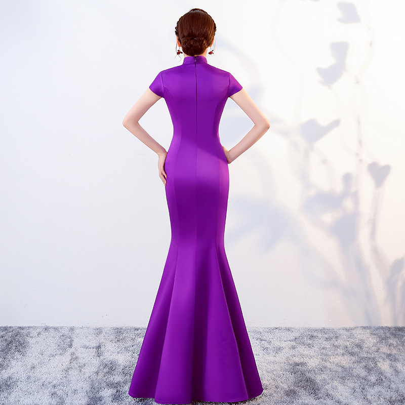 夏季新款时尚修身显瘦宴会晚礼服 紫色七片鱼尾气质礼服裙批发