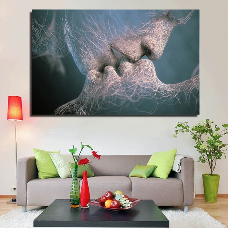 时尚黑白色爱情亲吻抽象艺术在画布绘画墙壁艺术图片版画家庭装饰