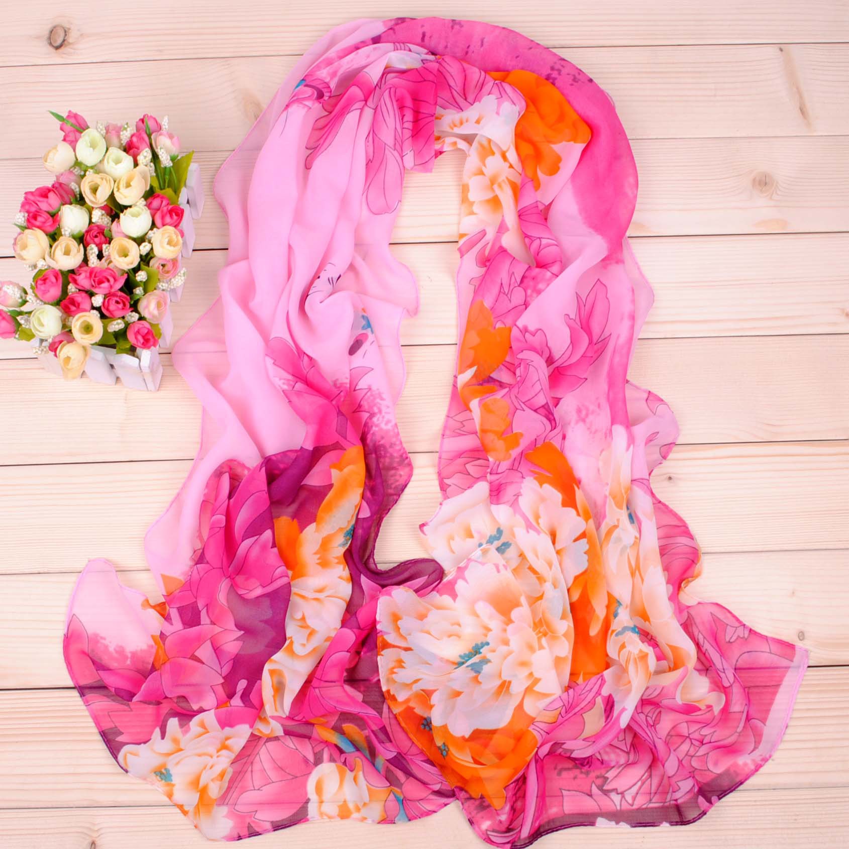 雪纺女士长丝巾批发 中国风牡丹花围巾 厂家直销小纱巾一件代发