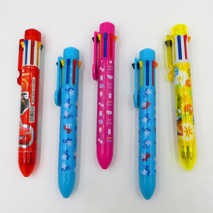 供应塑料八色圆珠笔卡通8色广告笔学生工具笔可定制花膜和logo