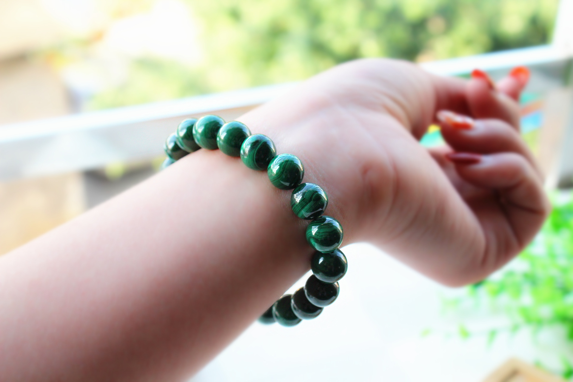 天然绿孔雀石手链手串男女款时尚饰品女礼品 无染色孔雀水晶手链