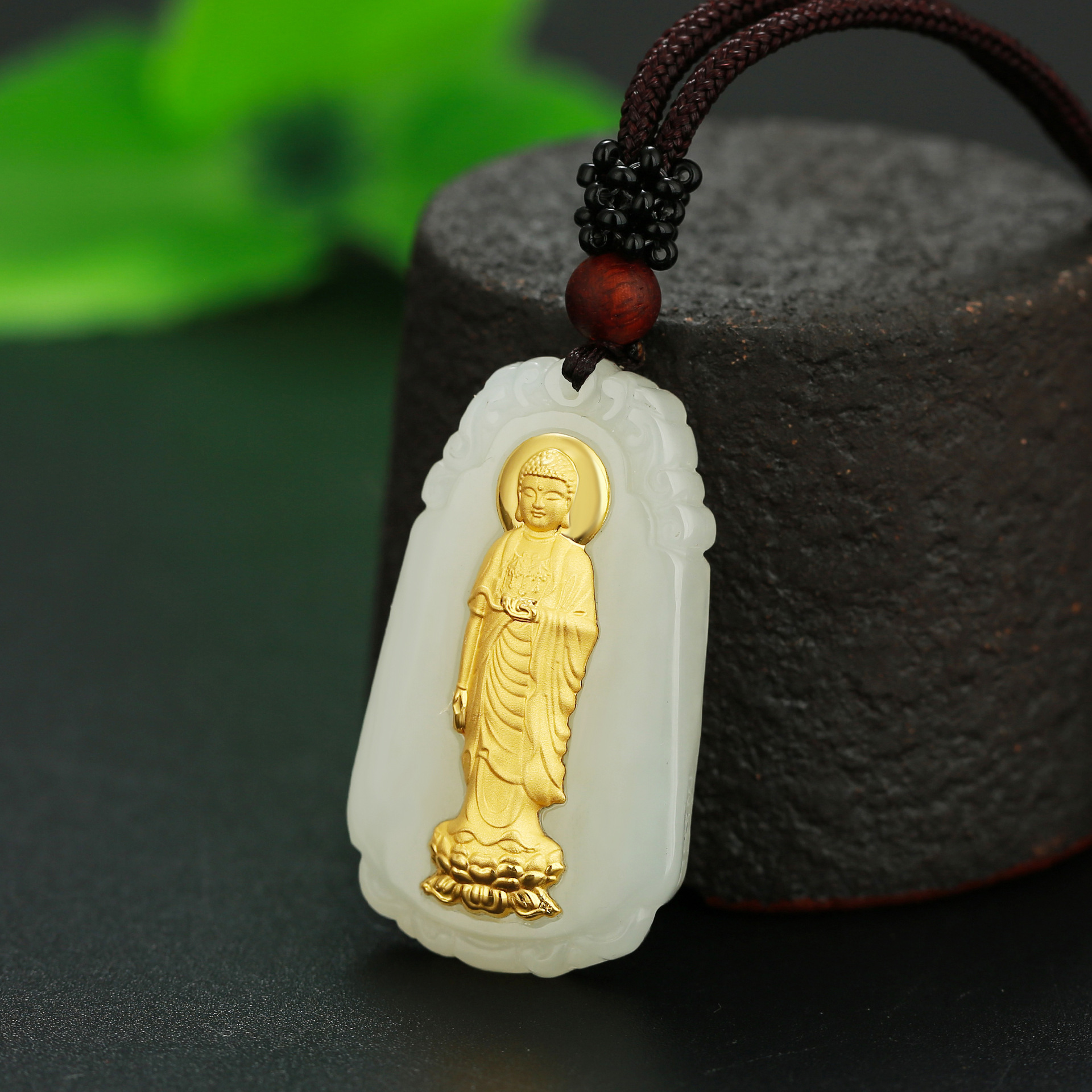 黄金999镶和田玉吊坠足金南无阿弥陀佛男女款馈赠亲朋好友礼品