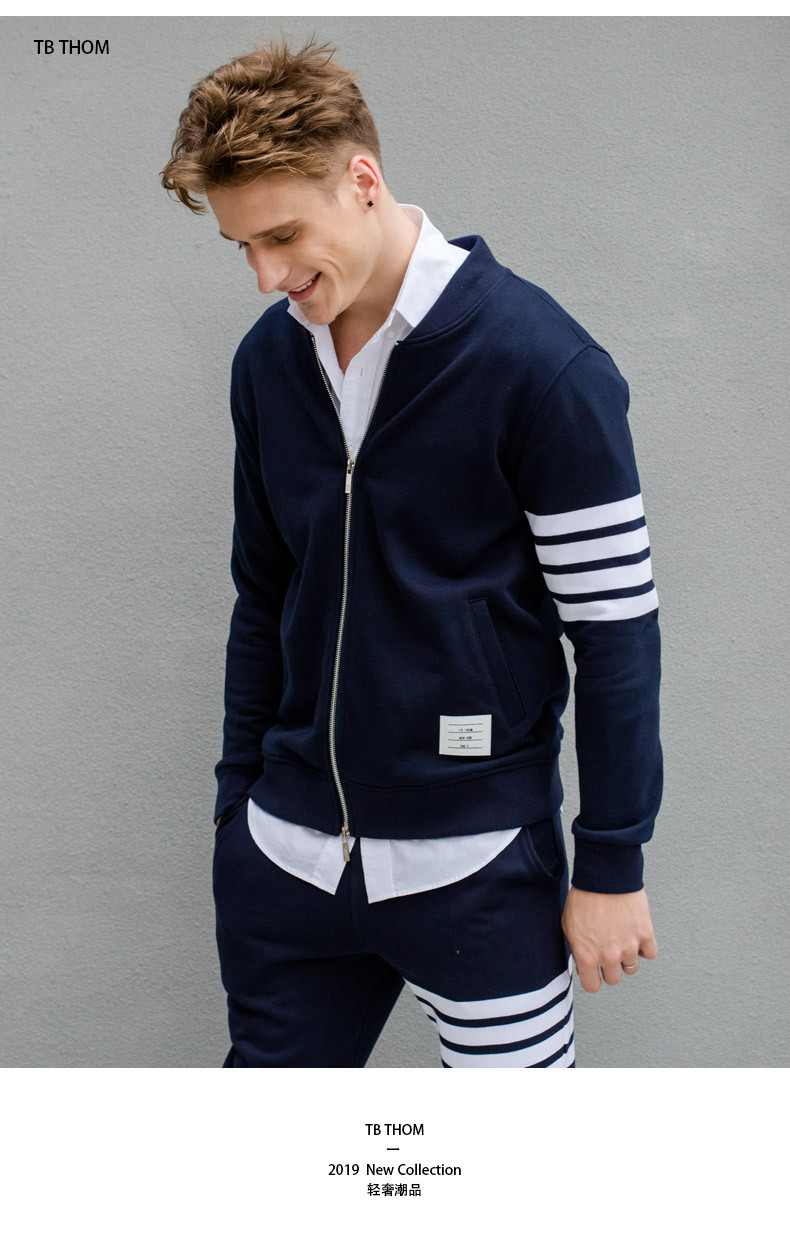 色织新品纯棉tb thom男卫衣v领棒球服休闲运动夹克外套