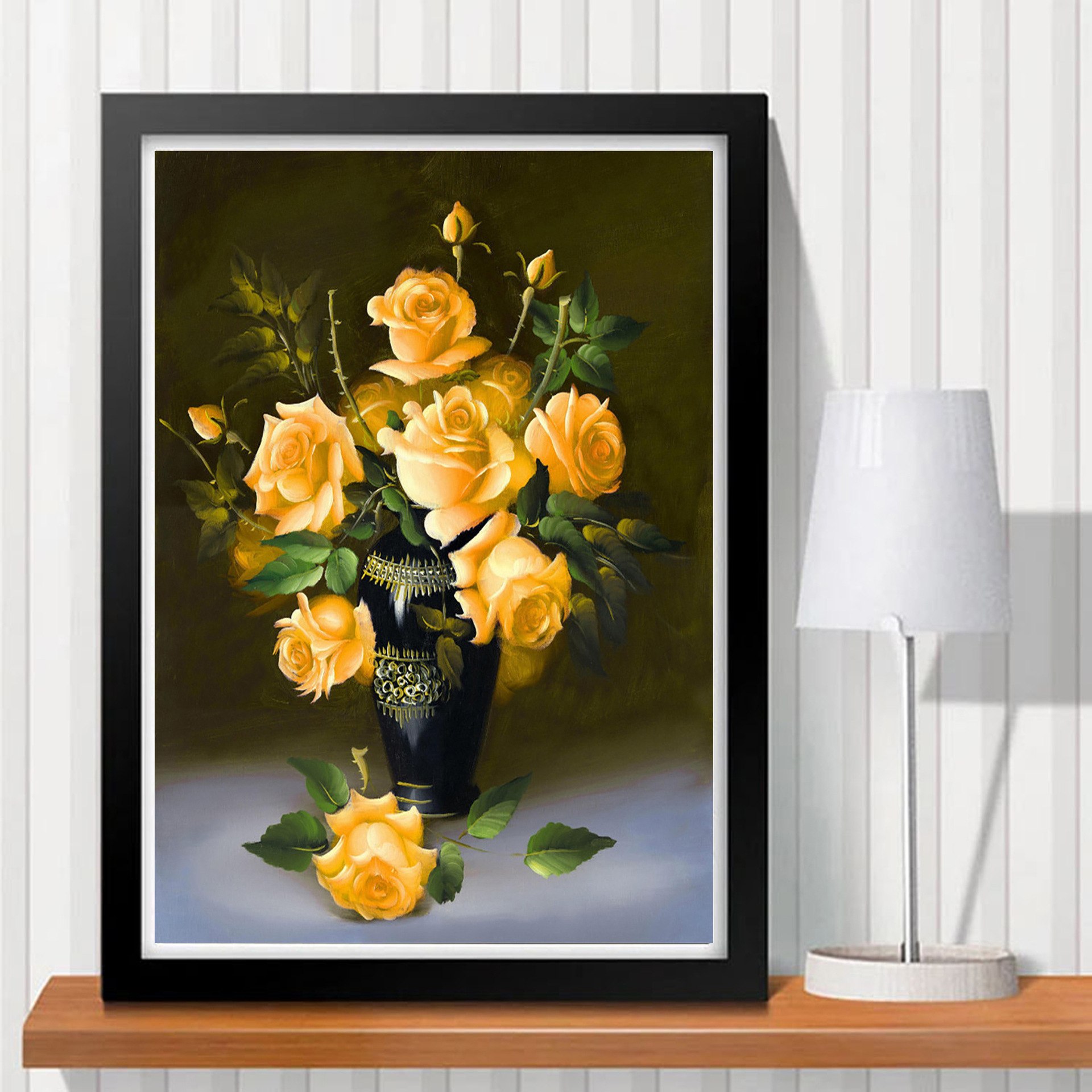 魔方钻石画 新品钻石画客厅 diy手工钻石绣 满钻新款 玫瑰花瓶黄