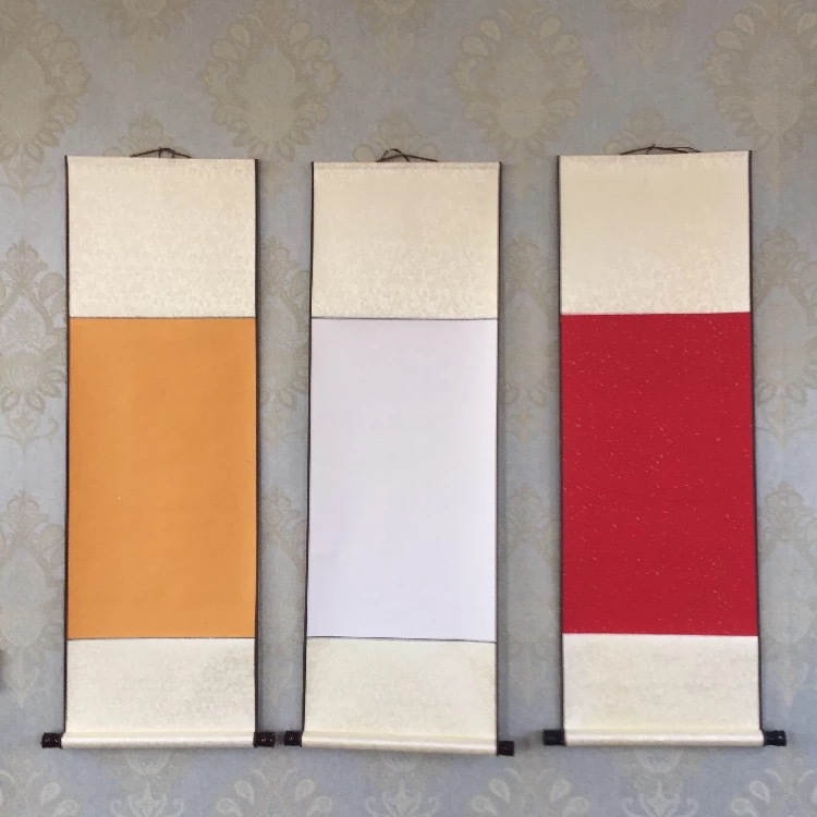 画轴空白书法国画空白卷轴毛笔四尺三开半生熟红色仿古洒金宣纸