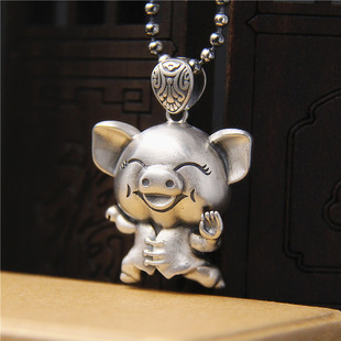 招财纳福太极功夫猪纯银吊坠女 s925镂空复古贯钱泰银毛衣链挂件