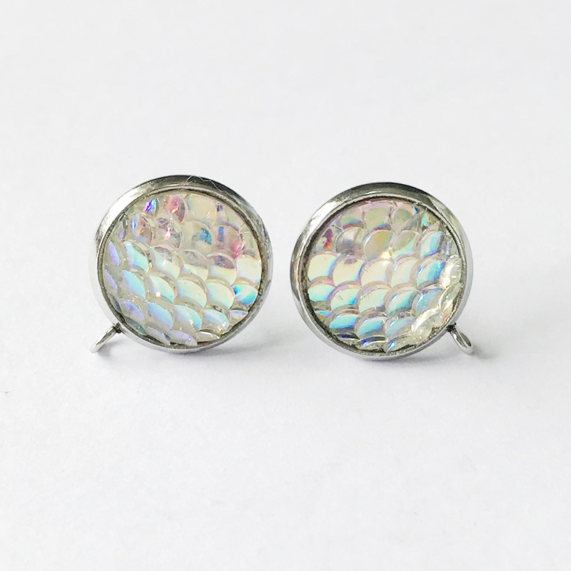 12mm美人鱼鱼鳞耳钉带吊 mermaid fish scales 不锈钢diy耳饰批发