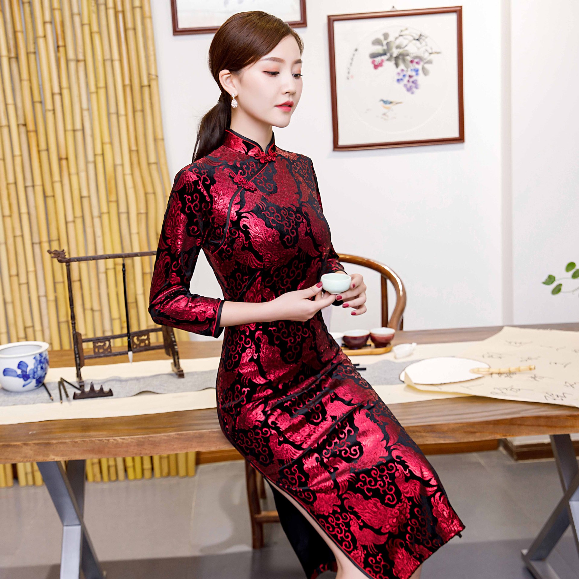 长袖加绒加厚保暖冬季优雅显瘦年轻款旗袍(货号 tzy280) - 唐资商城