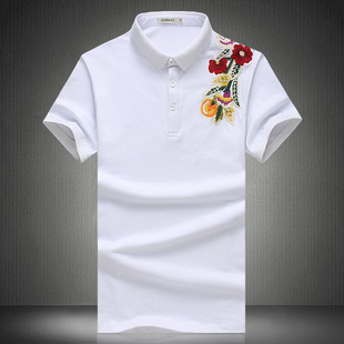 【m-5xl】夏季肩膀碎花短袖刺绣大玫瑰花polo衫男士半袖大码t恤