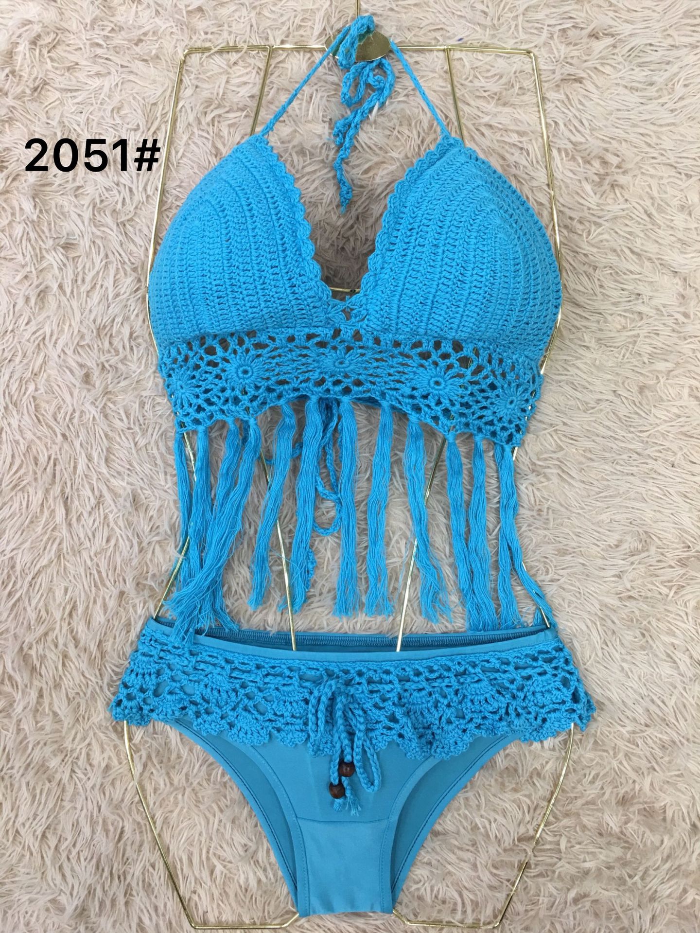 2019爆款欧美比基尼女士性感手钩流苏分体泳衣针织沙滩泳衣套装