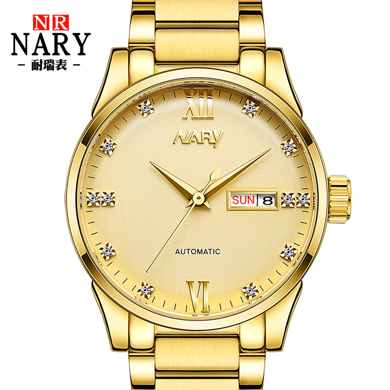 nary/耐瑞男士机械手表商务双历防水精钢带镶钻时尚防水腕表18093