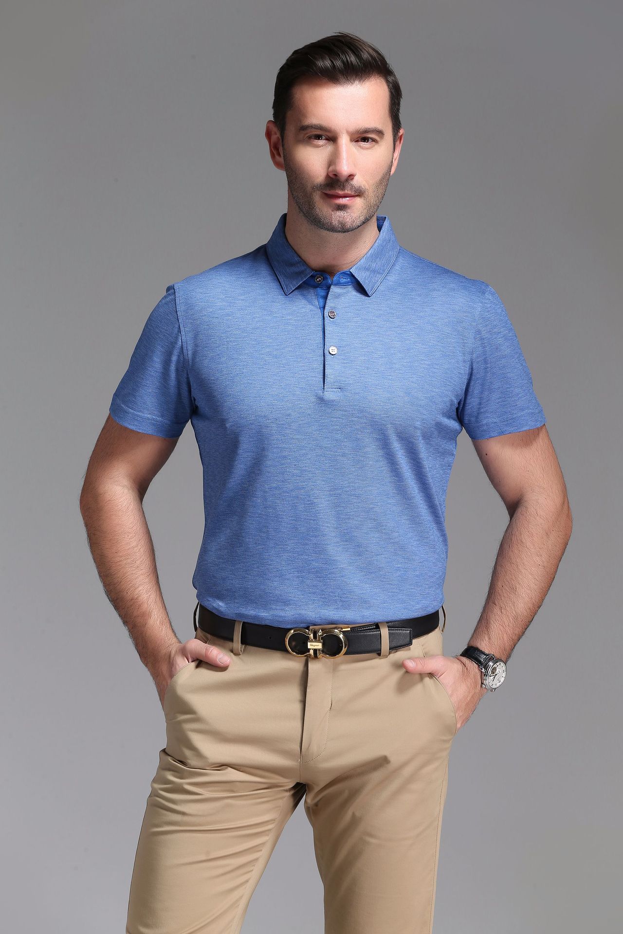 桑蚕丝2018夏季新款男款短袖t恤男商务休闲翻领纯色潮流男士t恤