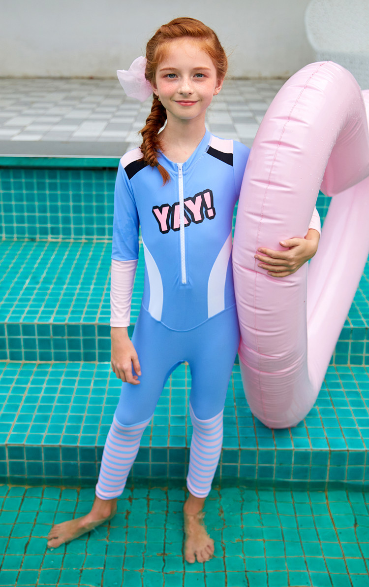 2020冬季中大童长袖拉链连体可爱女孩防晒冲浪服两件套装儿童泳衣