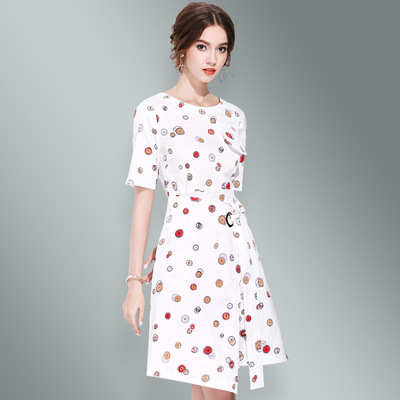 英伦风夏装新款圆领短袖纯棉印花连衣裙收腰 精品女装批发