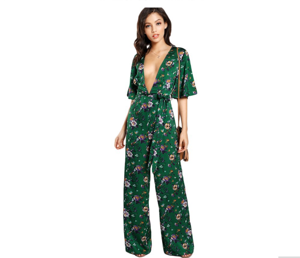 亚马逊 2018夏季新款碎花v字领短袖 雪纺连体裤