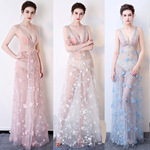 夏性感深v领镶钻车展晚礼服长裙夜店女装蕾丝透视修身吊带连衣裙