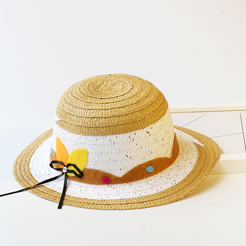 夏天儿童女草帽 蝴蝶叶圆顶草编遮阳帽 新款儿童女树叶草帽批发