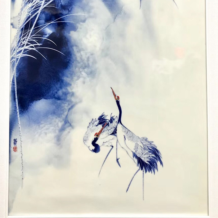 青花泼墨景德镇陶瓷画瓷板画艺术瓷礼品瓷定制陶瓷名人作品仙鹤