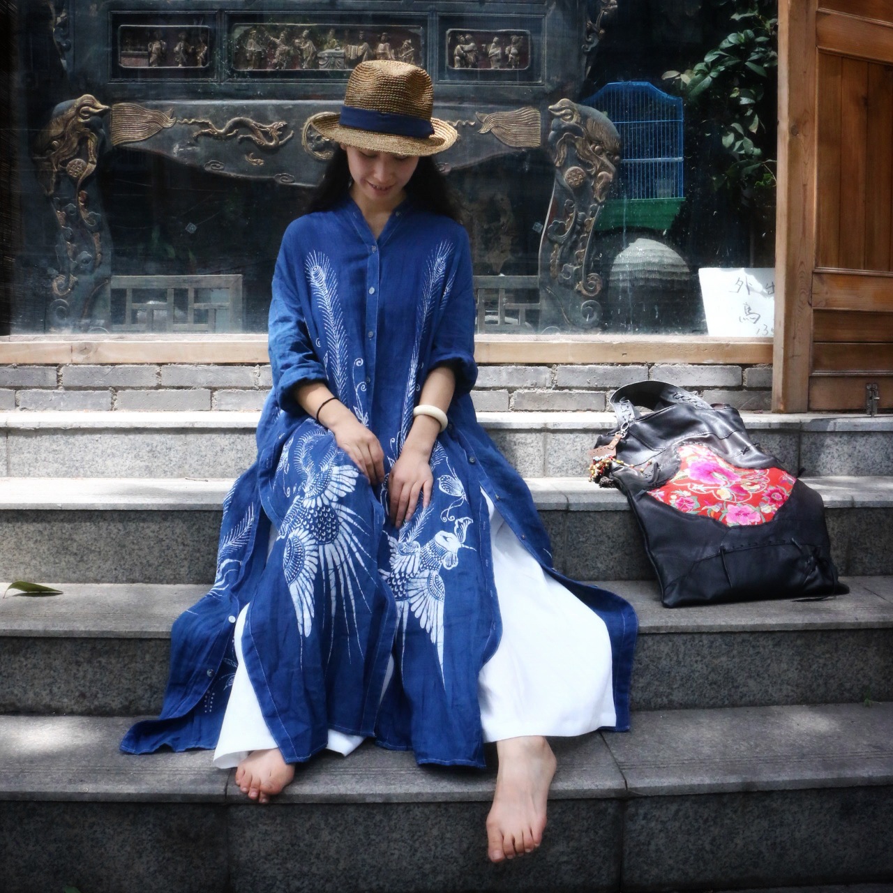 喜阁原创蜡染衣服连衣裙手工植物染色扎染裙子衣服复古民族风袍子