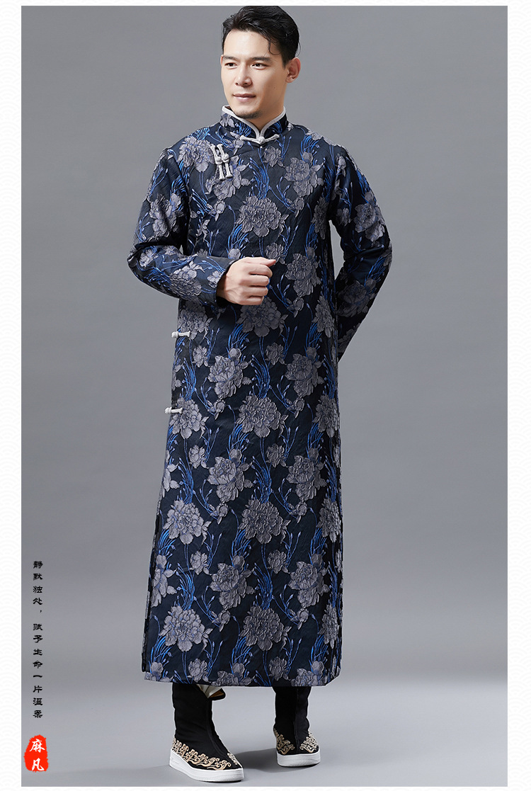 复古中国风盘扣旗袍男浮雕剪花图案 秋季新款民族风服装剪花长衫