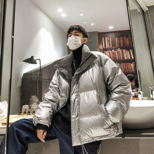 银色羽绒服男亮面短款面包时尚白鸭绒超轻加厚冬季2018新款外套男